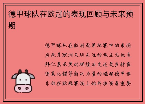 德甲球队在欧冠的表现回顾与未来预期
