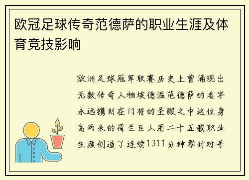 欧冠足球传奇范德萨的职业生涯及体育竞技影响